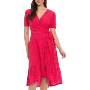 London Times Stretch Eyelet Short Sleeve Ruffle Wrap Midi Dress Rose Red 14